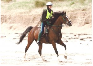 photo of Sheila Bruce, at an endurance ride, supported by Just Chaps.