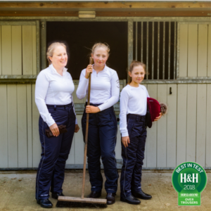3 female riders - one adult, one teenager and one girl wearing Just Chaps Dri-Rider waterproof trousers